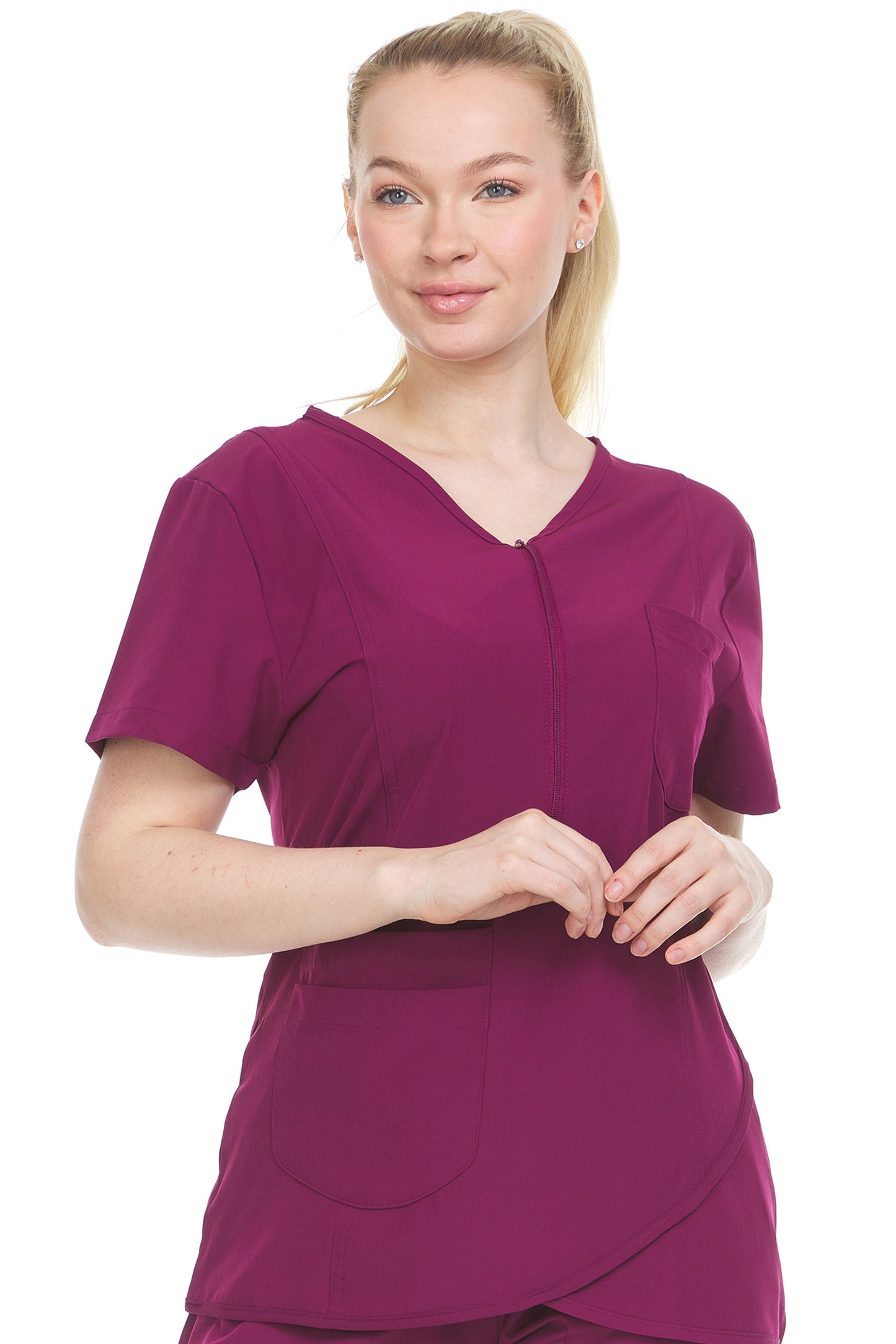 HEAL+WEAR Women’s Crossover Zip Front Scrub Top – Stylish Elastic Back, 4-Way Stretch,Multi-Pocket Medical Workwear for Clinical, Spa