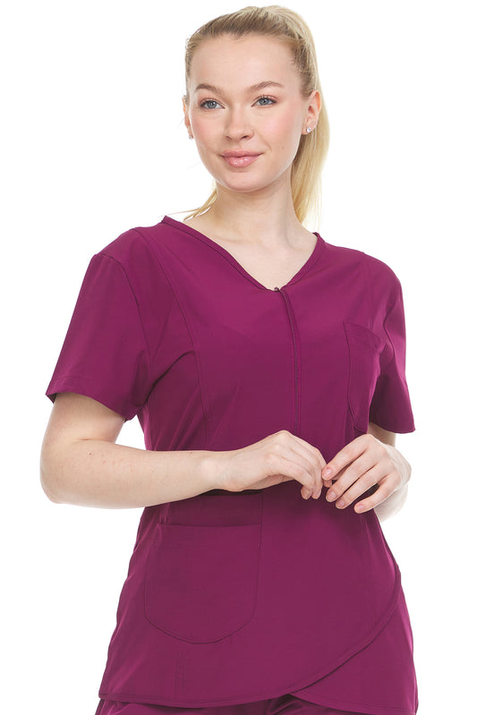 HEAL+WEAR Women’s Crossover Zip Front Scrub Top – Stylish Elastic Back, 4-Way Stretch,Multi-Pocket Medical Workwear for Clinical, Spa
