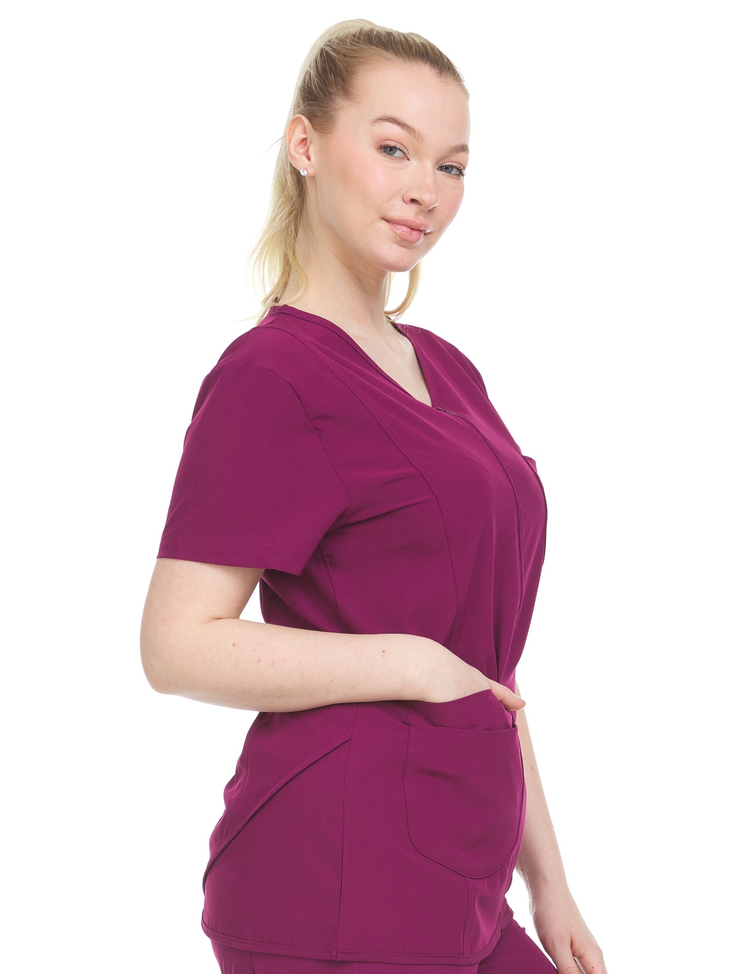 HEAL+WEAR Women’s Crossover Zip Front Scrub Top – Stylish Elastic Back, 4-Way Stretch,Multi-Pocket Medical Workwear for Clinical, Spa