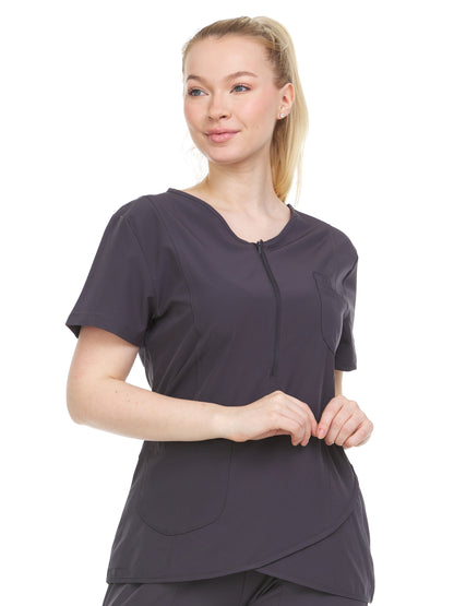 HEAL+WEAR Women’s Crossover Zip Front Scrub Top – Stylish Elastic Back, 4-Way Stretch,Multi-Pocket Medical Workwear for Clinical, Spa