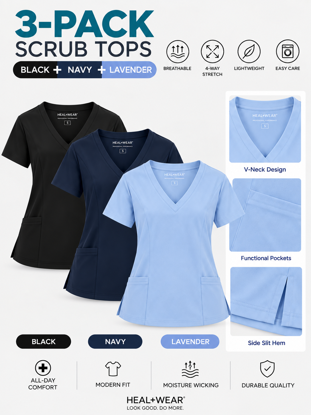 Women's V-Neck 2-Pocket Scrub Top 3-Pack
