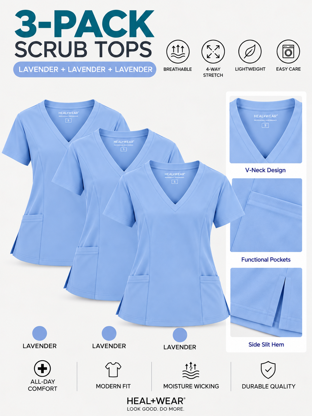 Women's V-Neck 2-Pocket Scrub Top 3-Pack