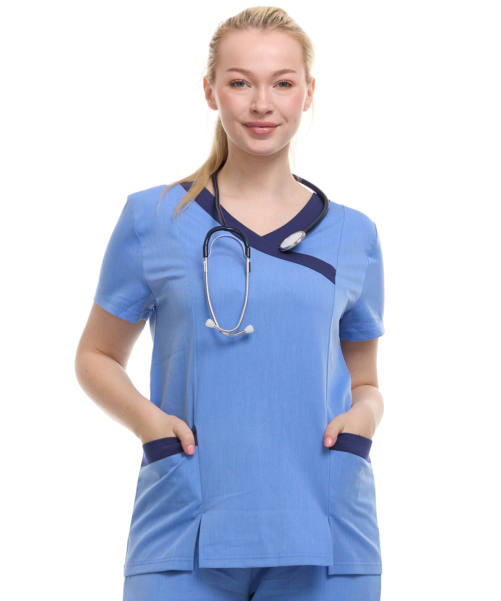 HEAL+WEAR Women's Modern Contrast V-Neck Scrub Top – Stylish Colorblock Trim, Slim Fit, 4-Way Stretch,Stretch Fabric, Multiple Pockets