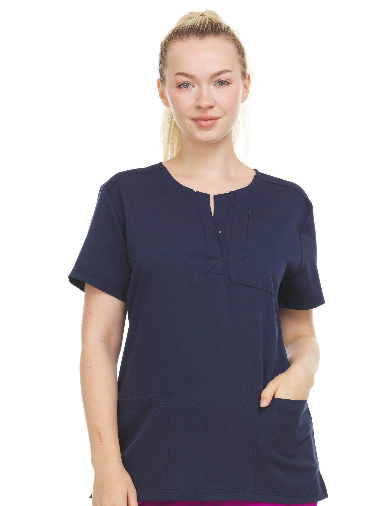HEAL+WEAR Women’s Stretch Scrub Top ET2010 - Moisture-Wicking, Wrinkle-Resistant, Soft Fabric with Modern Snap Neckline & Functional Pockets for Essential Items