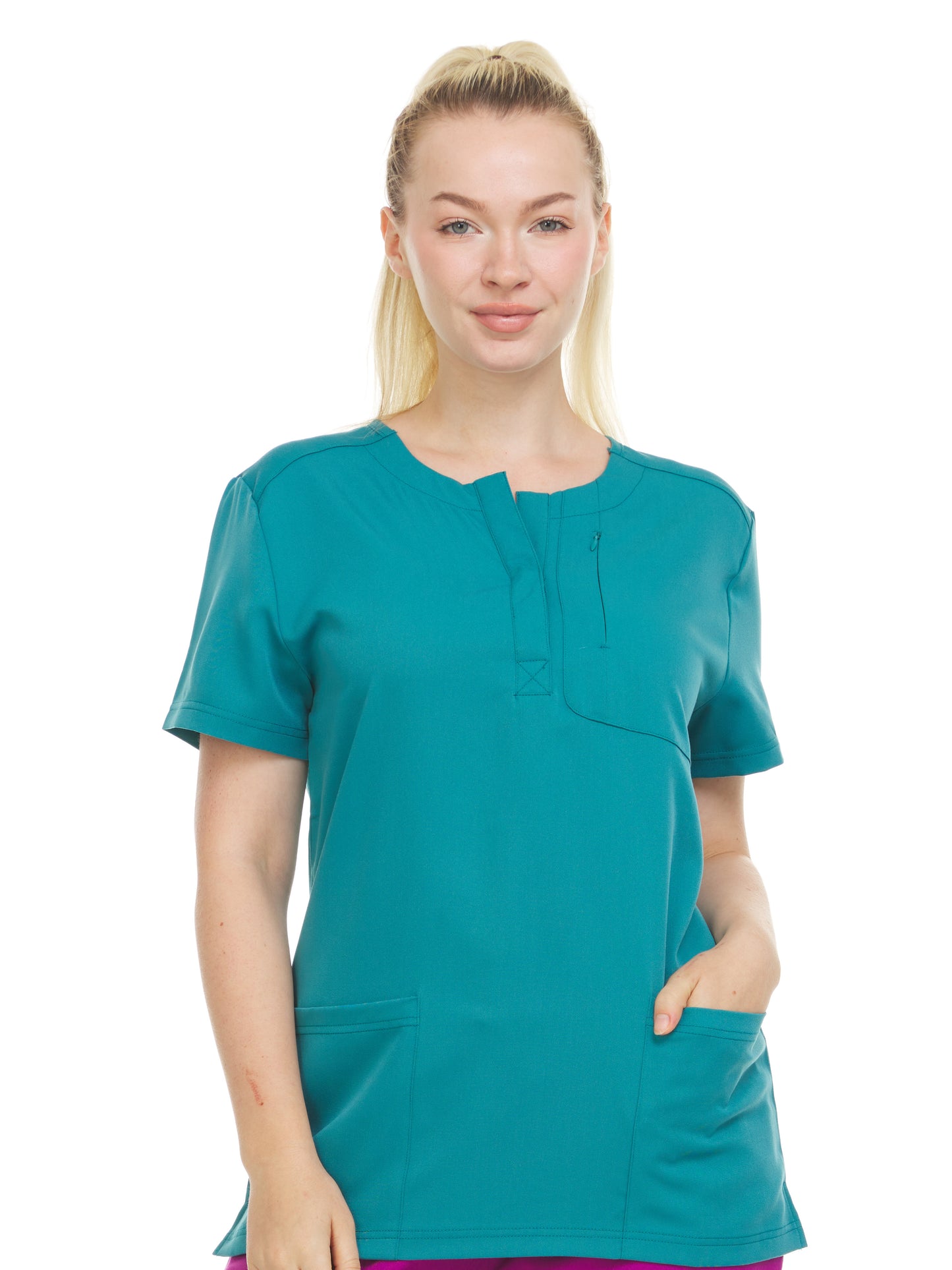 HEAL+WEAR Women’s Stretch Scrub Top ET2010 - Moisture-Wicking, Wrinkle-Resistant, Soft Fabric with Modern Snap Neckline & Functional Pockets for Essential Items