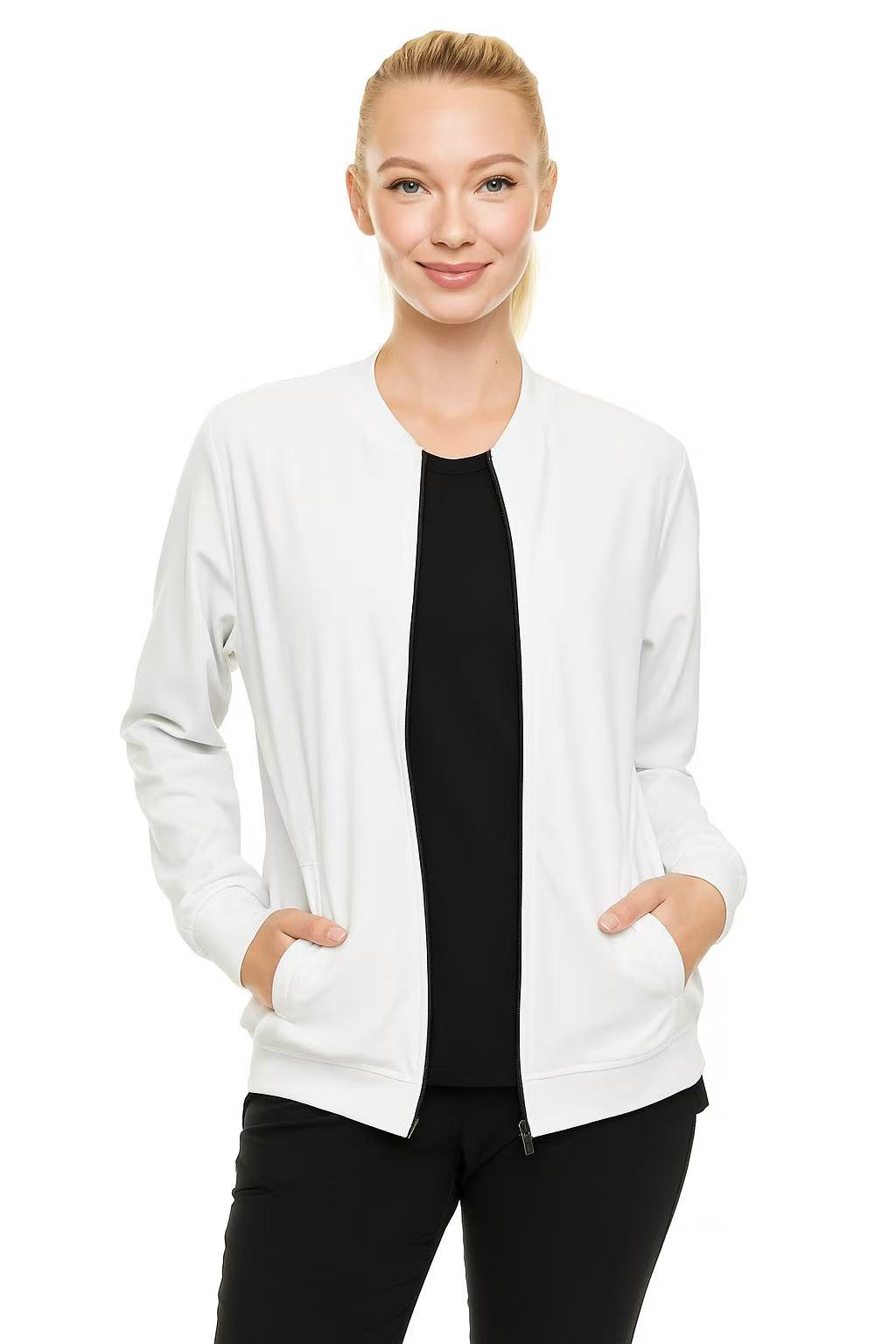 HEAL+WEAR Women's Scrub Jacket - Lightweight Zip-Free Bomber Style, 4-Way Stretch, Soft Knit Cuffs, Anti-Wrinkle, Multiple Pockets, Workwear for Nurses & Healthcare Professionals