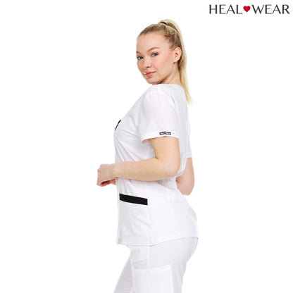 HEAL+WEAR Women’s V-Neck Contrast Trim Scrub Top – Stylish Multi-Pocket Clinical Workwear for Nurses, 4-Way Stretch,Spa & Beauty Professionals, Surgical Uniforms