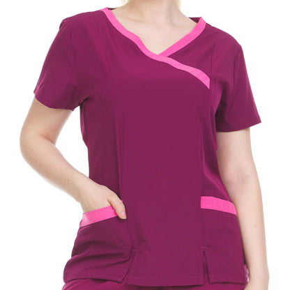 HEAL+WEAR Women’s V-Neck Contrast Trim Scrub Top – Stylish Multi-Pocket Clinical Workwear for Nurses, 4-Way Stretch,Spa & Beauty Professionals, Surgical Uniforms