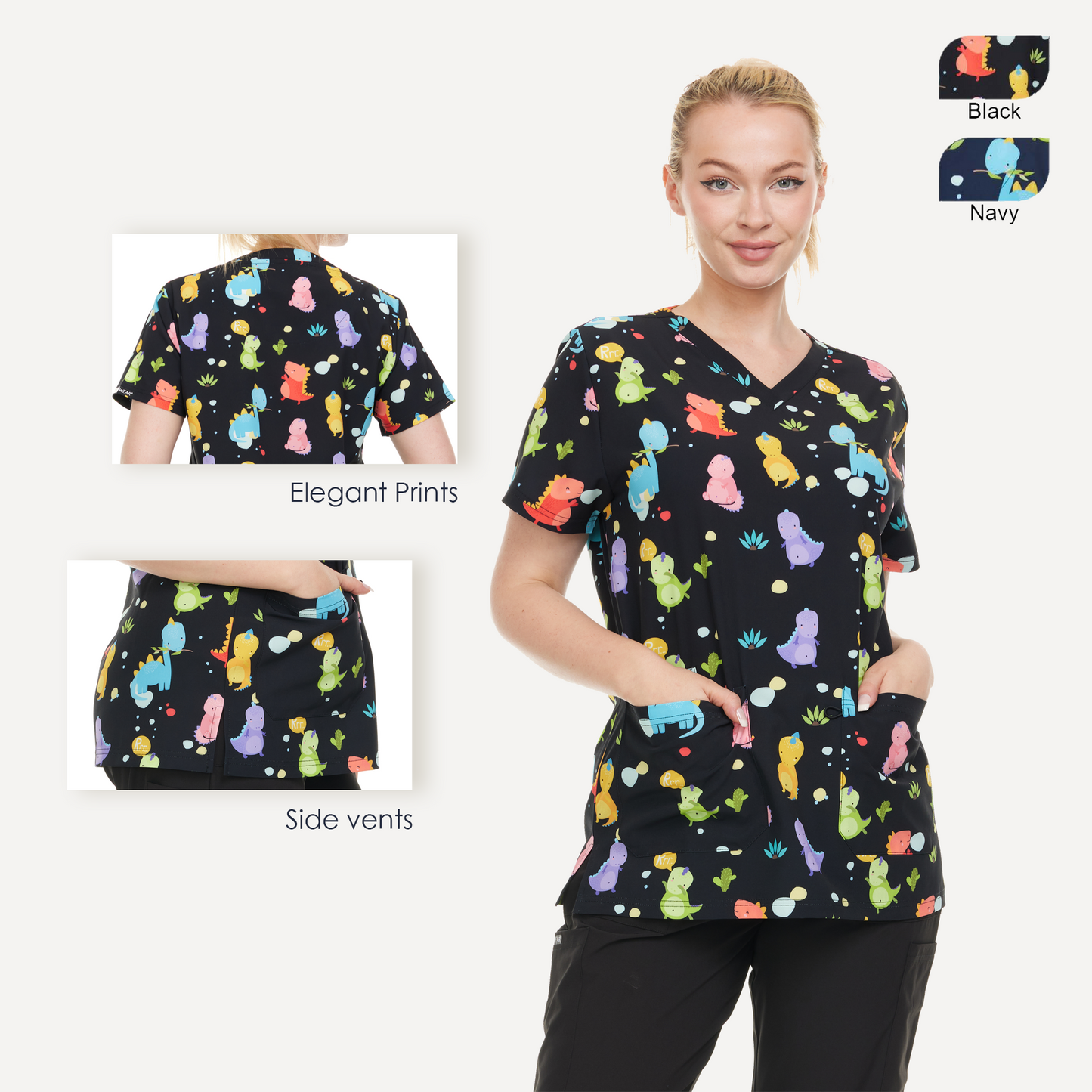 HEAL+WEAR Women's Scrub Top V-Neck Dino Print Multiple Convenient Pockets. 4-Way Stretch Spandex. Wrinkle-Resistant.