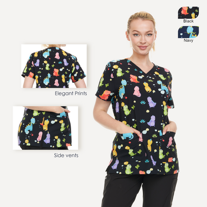 HEAL+WEAR Women's Scrub Top V-Neck Dino Print Multiple Convenient Pockets. 4-Way Stretch Spandex. Wrinkle-Resistant.