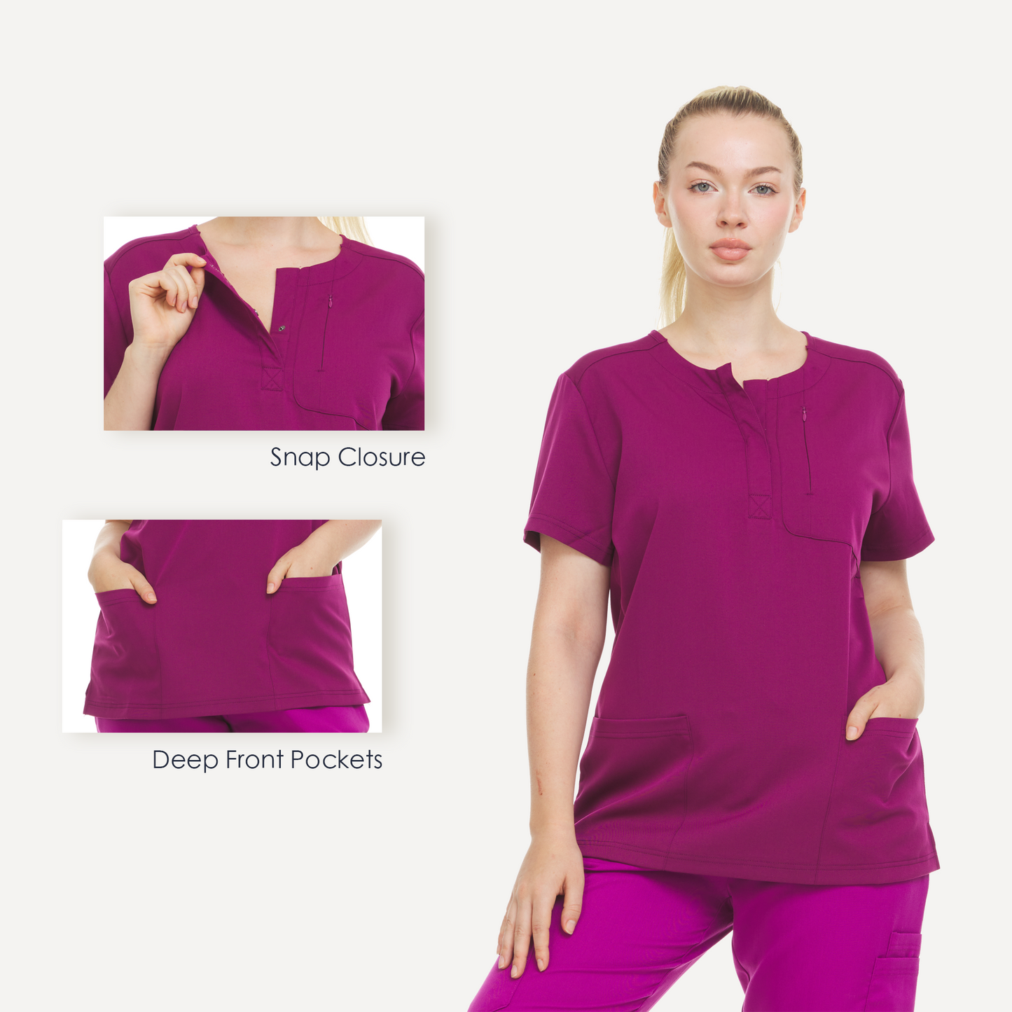 HEAL+WEAR Women’s Stretch Scrub Top ET2010 - Moisture-Wicking, Wrinkle-Resistant, Soft Fabric with Modern Snap Neckline & Functional Pockets for Essential Items